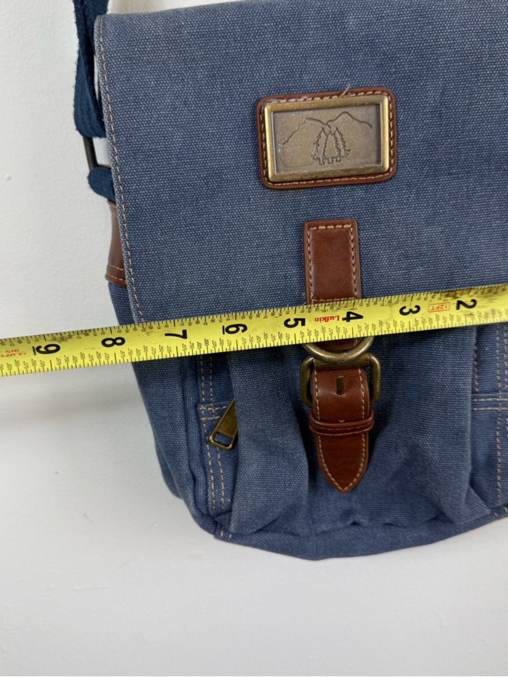 Prairie Schooner Triple Tree Blue Canvas Crossbody Messenger Bag Leather Trim - Picture 4 of 9